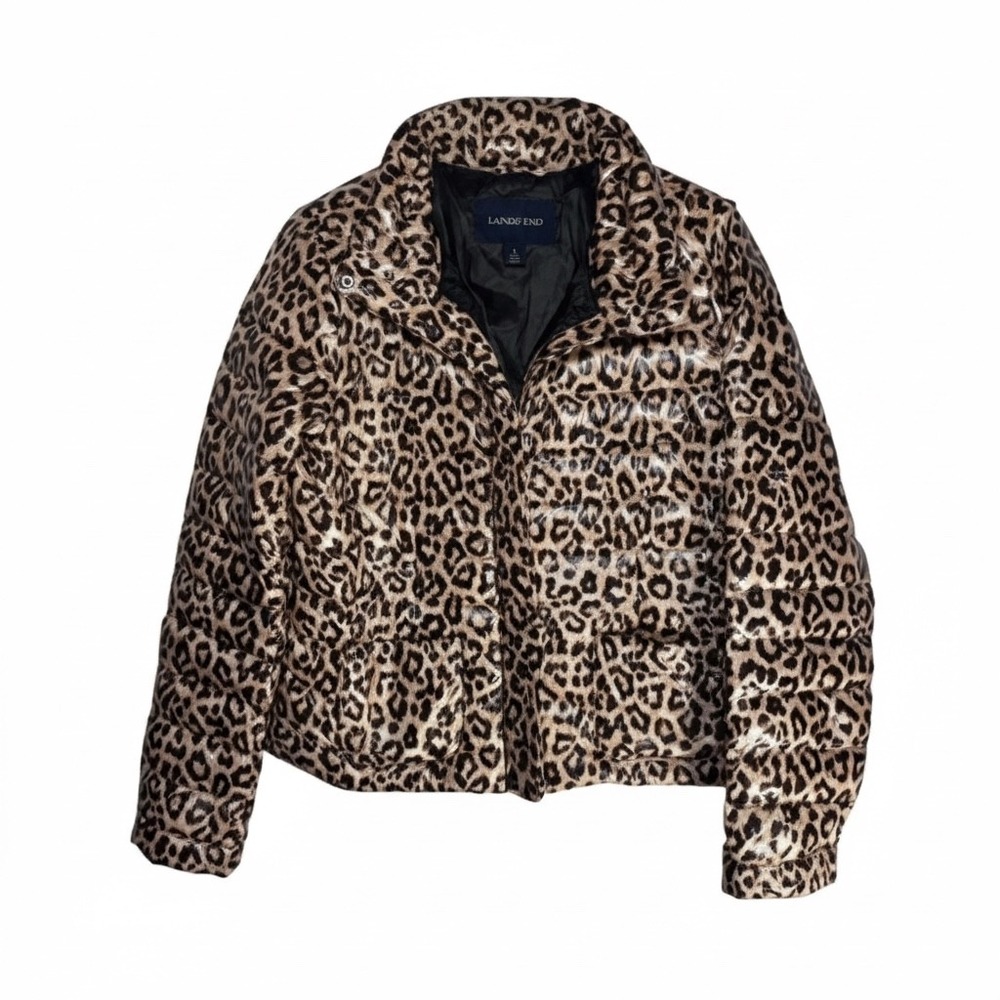 Lands' End Tan Leopard Print Down Puffer Jacket Coat Womens‎ S 6-8